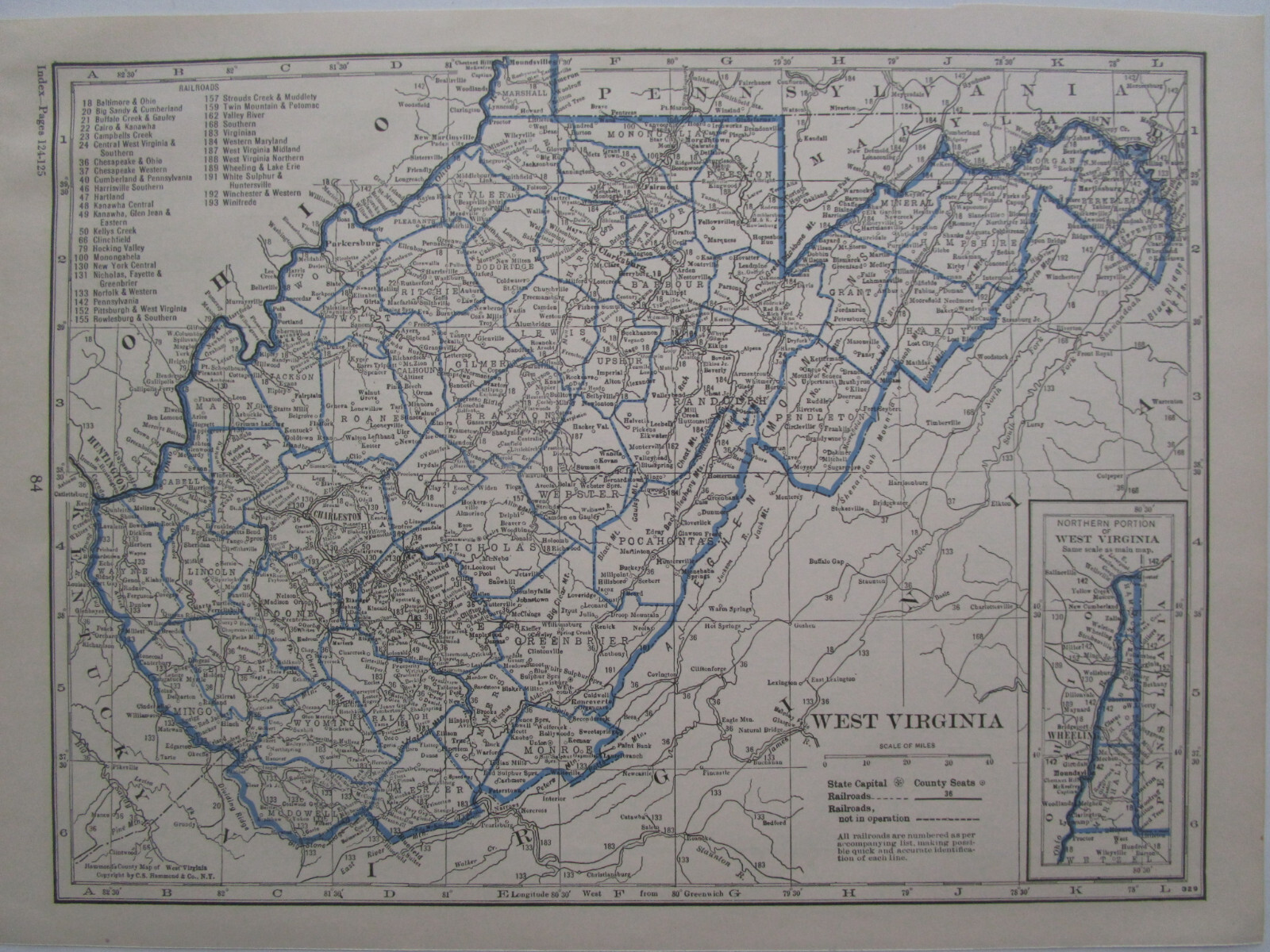WV WA 1931 WEST VIRGINIA RAILROAD Map WHITE SULPHUR & HUNTERSVILLE or WASHINGTON
