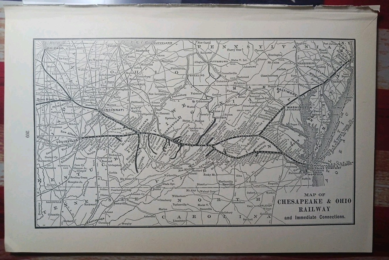 ~1904 Vintage Railroad Map CHESAPEAKE & OHIO RAILWAY all Train Routes & Stations