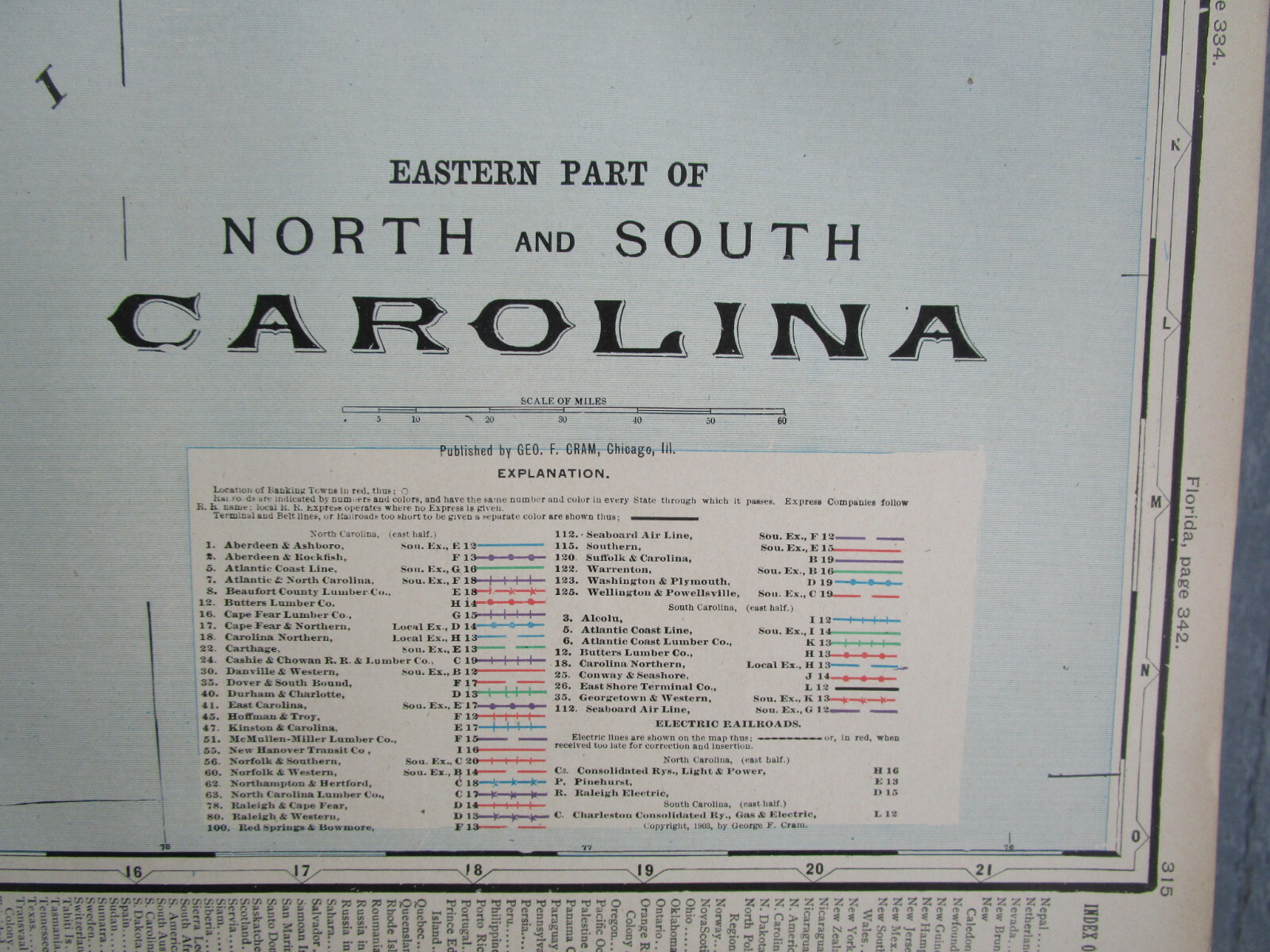 NC SC 1903 EASTERN NORTH / SOUTH CAROLINA Cram INTERURBAN + STEAM RAILROADs Map.