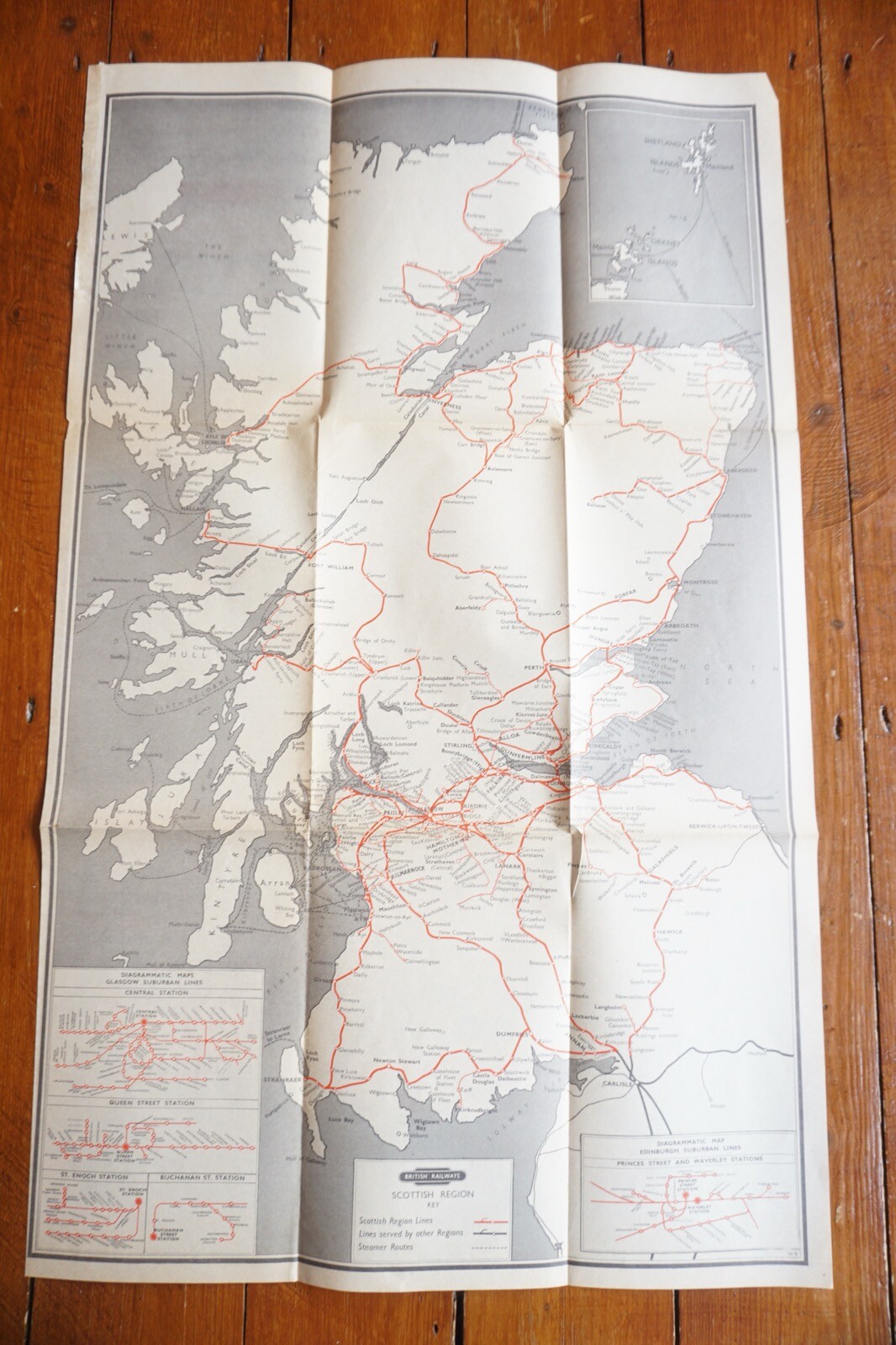 1957 British Rail Scottish Passenger Network Railway System Map VGC