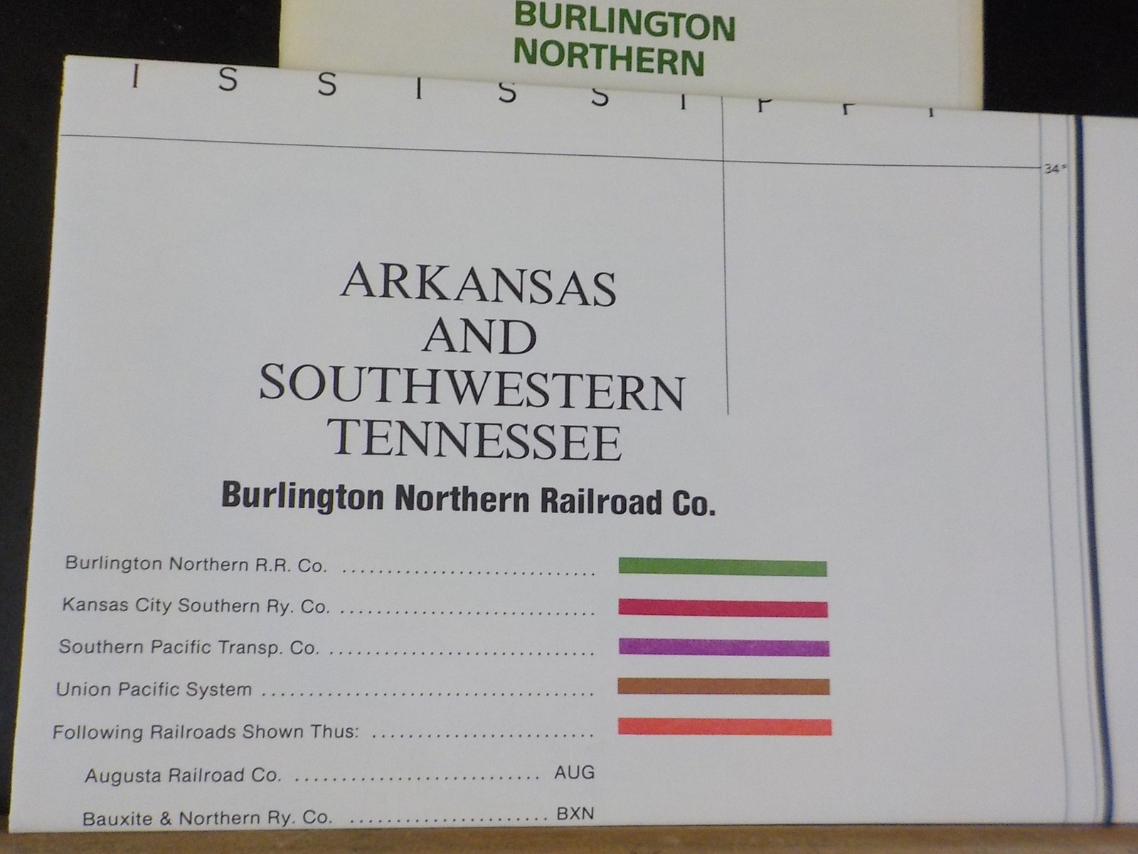 Map Burlington Northern Arkansas State Railroad Map 1983 August + SW TN