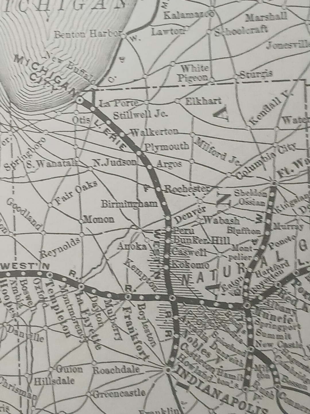 1892 Antique Railway Map LAKE ERIE & WESTERN RAILROAD all Routes Stations Depots