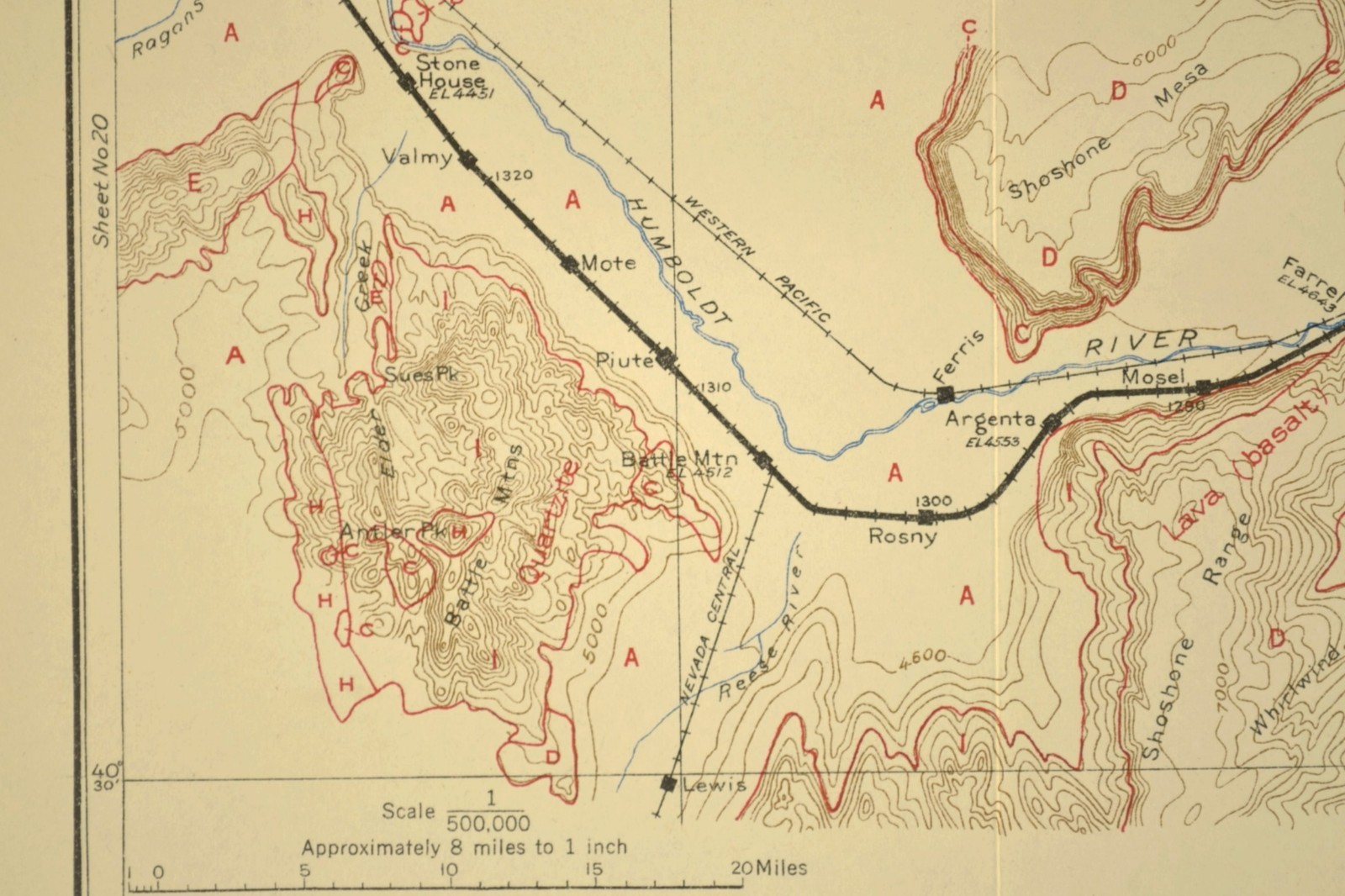 1915 Southern Pacific RR Map Beowawe Gate Nevada Hot Springs Crescent Valley