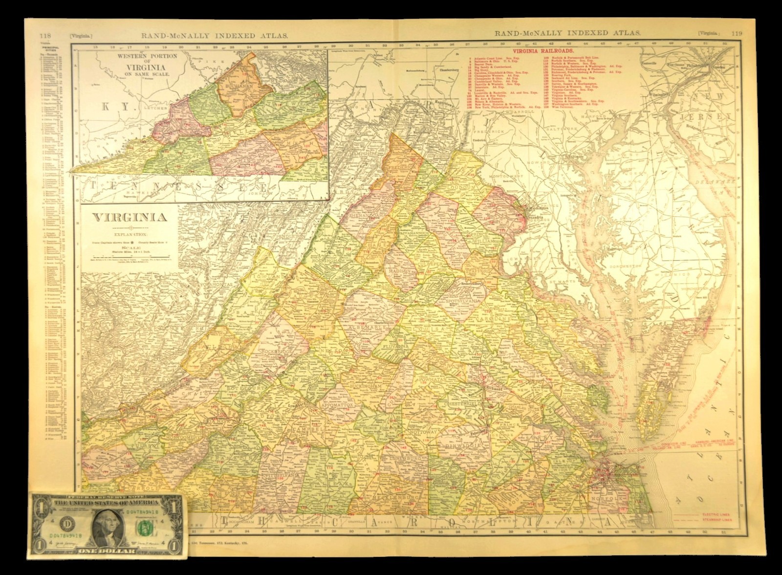 1911 Antique Virginia Railroad Map ORIGINAL Atlas Southern Railway C&O RR DATED