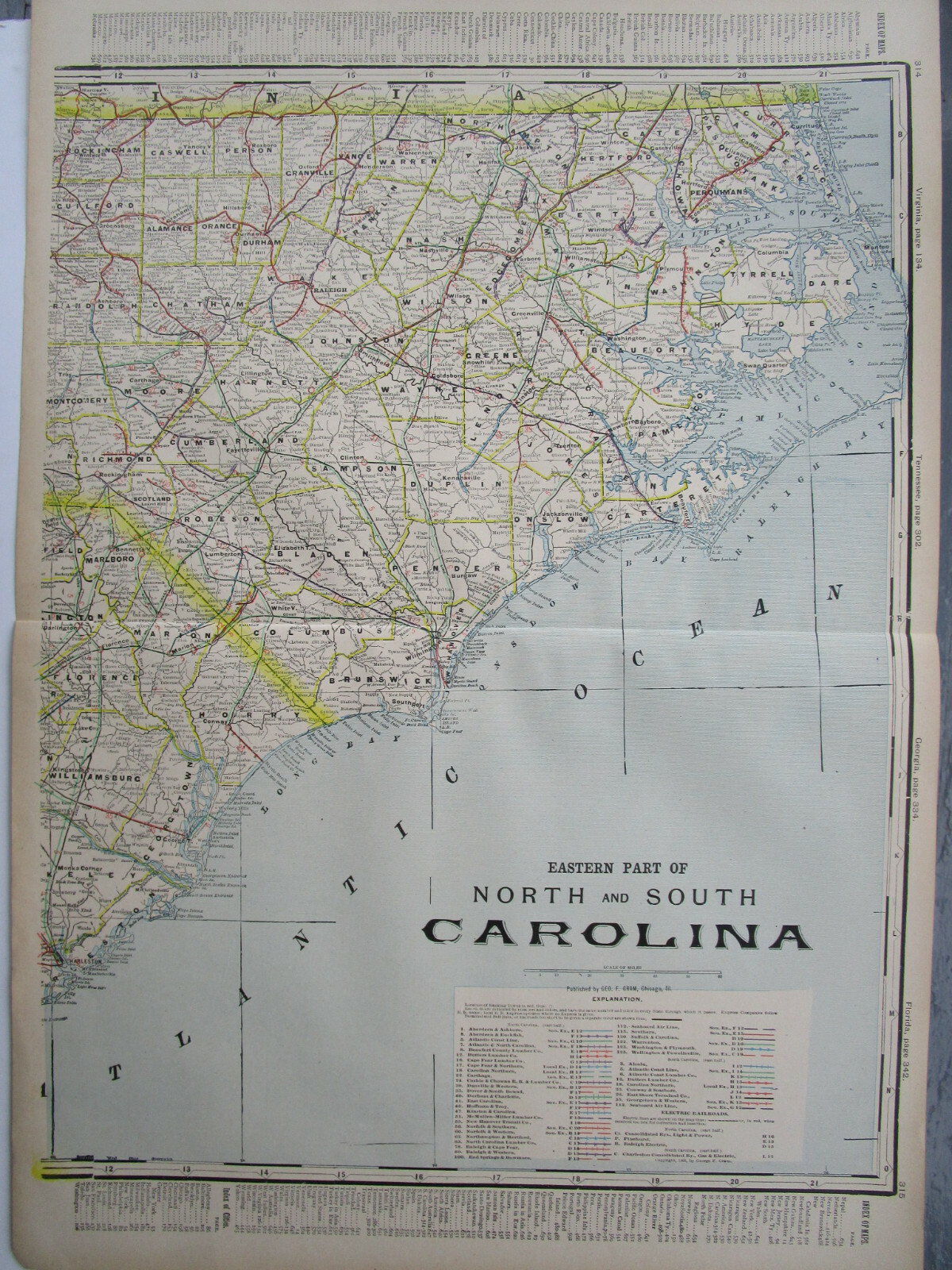 NC SC 1903 EASTERN NORTH / SOUTH CAROLINA Cram INTERURBAN + STEAM RAILROADs Map.