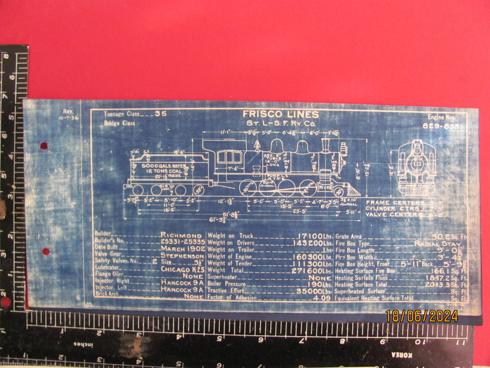 FRISCO LINES SL-SF RAILROAD 2-8-0 LOCOMOTIVES #829 – #833 BLUEPRINT DATA DRAWING
