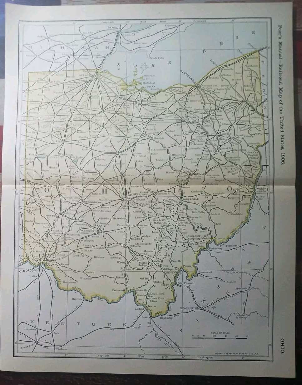 1906 Dated Train Route Map OHIO all Railroad Lines Stations Towns 11″×9″