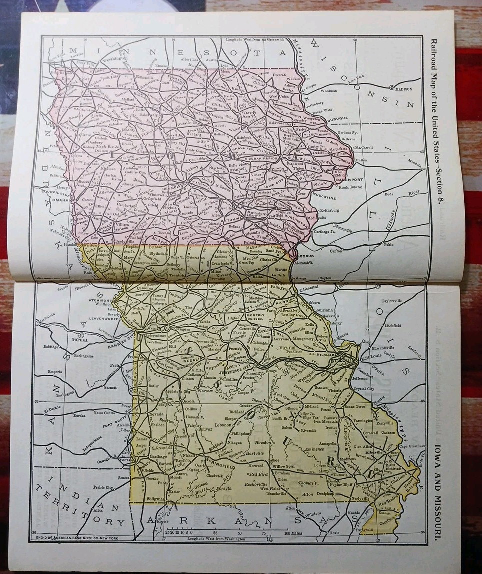 1897 Train Route Map MISSOURI & IOWA all Railroad Lines Station Marked 9″x 11″