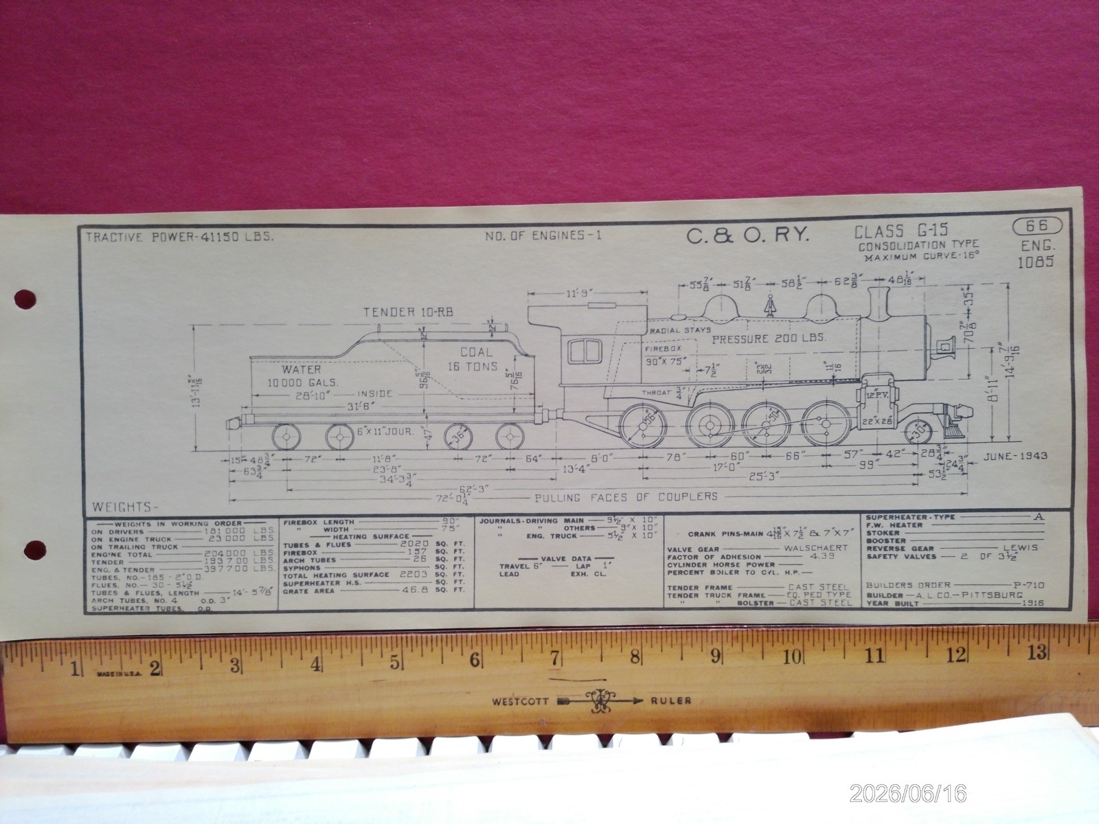 CHESAPEAKE & OHIO RAILROAD ORIG PRINTED DIAGRAM CLASS G-15 LOCOMOTIVE #1085