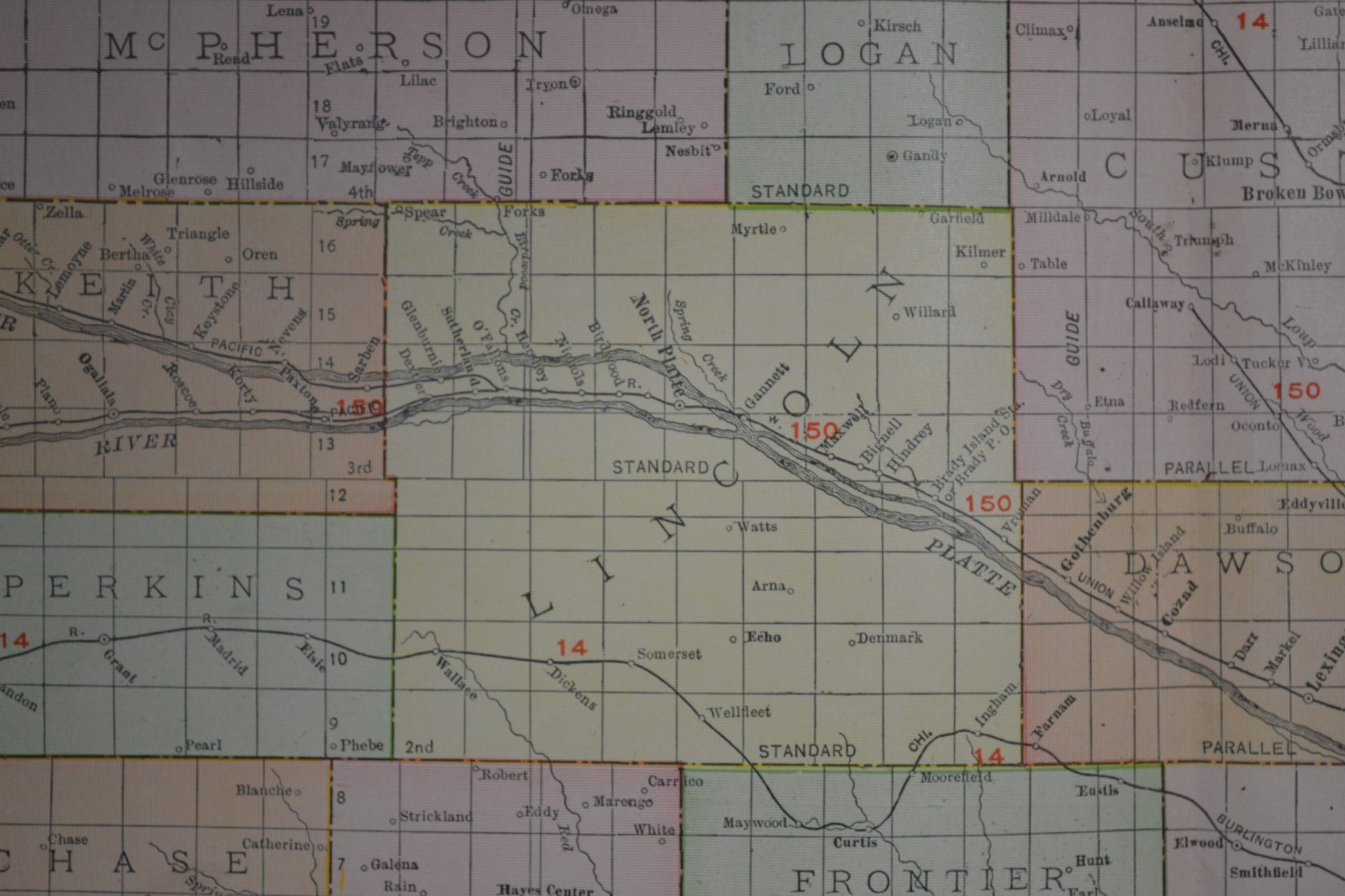 NEBRASKA – 1912 – RAND-McNALLY NEW COMMERCIAL ATLAS – SHOWS RAILROADS