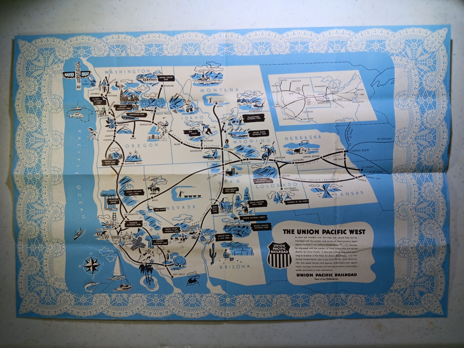 Original Vintage Union Pacific West Line Map Poster Railroad Train UPRR