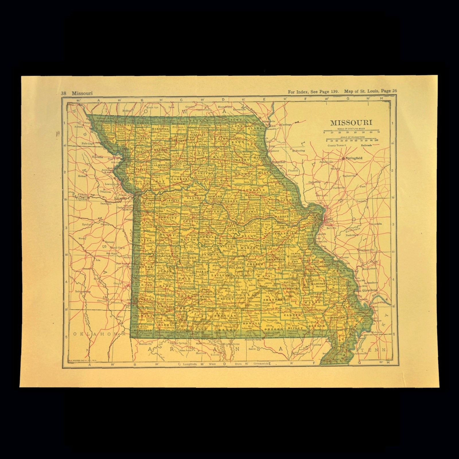 ca 1920 MISSOURI Map of Missouri Railroad Map St Louis Kansas City Atlas Map