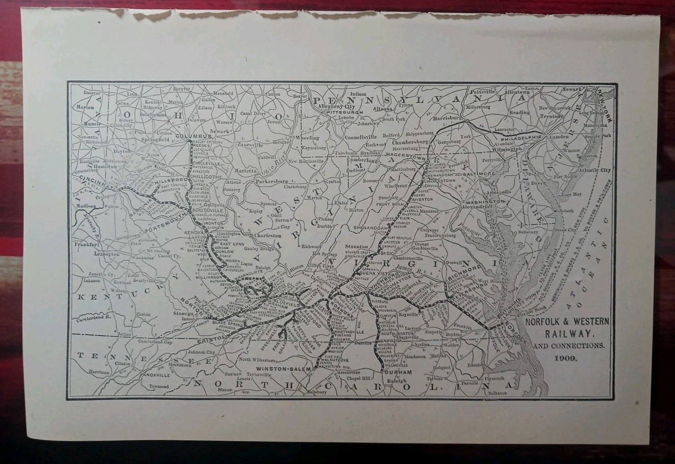 ~1910 Antique Railroad Map NORFOLK & WESTERN RAILWAY all Train Route connections