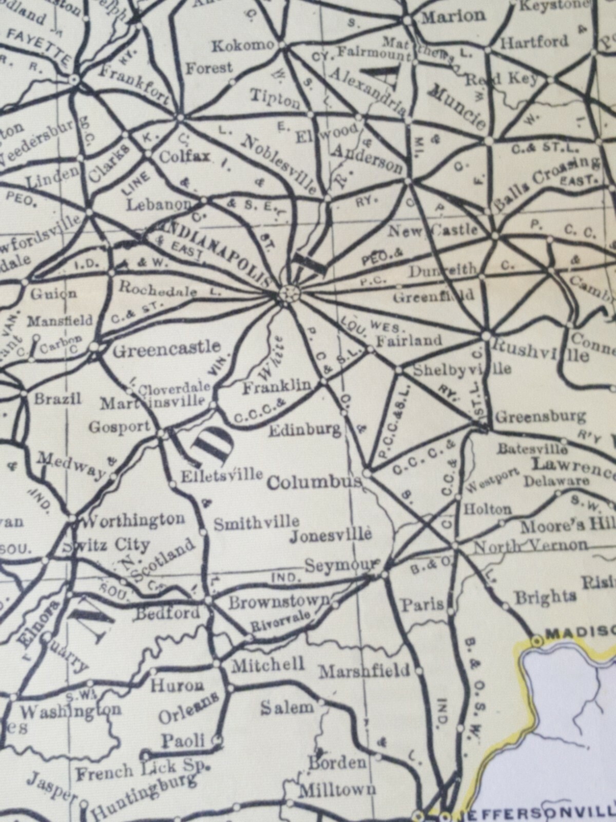 Original 1898 dated INDIANA ILLINOIS railroad map stations & train routes 11″x9″