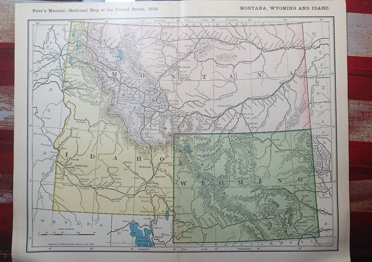 1904 dated Railroad Map MONTANA IDAHO WYOMING All Lines & Train Routes 11″x9″