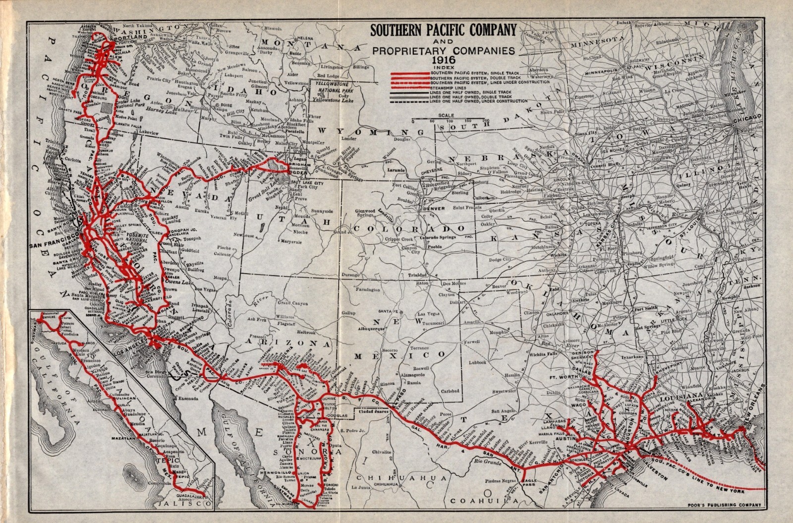 1916 Antique SOUTHERN PACIFIC RAILROAD Map Vintage Railway Map Wall Decor 1575