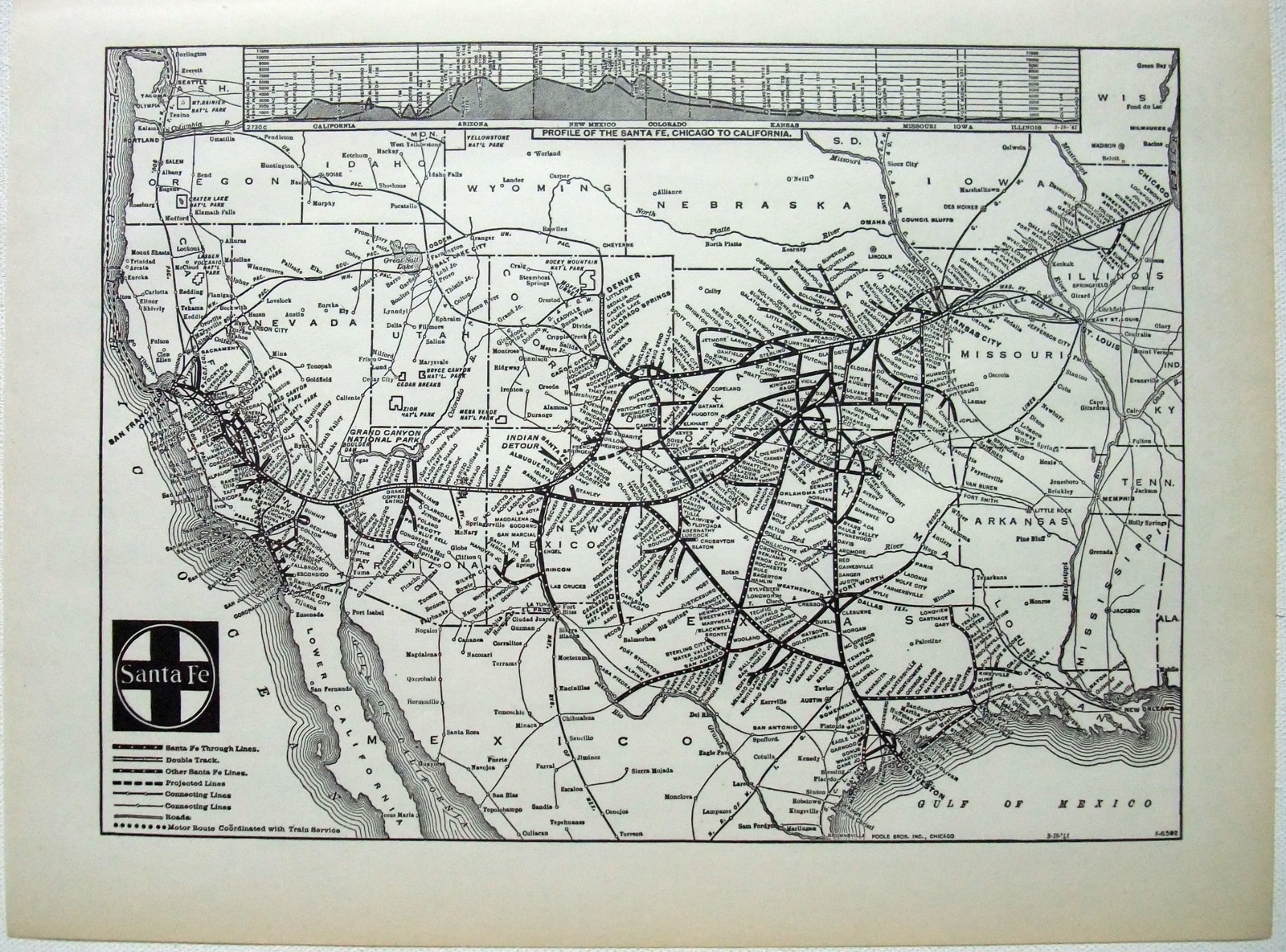 Atchison Topeka & Santa Fe – Original 1941 Railway Map by Poole Bros. Vintage