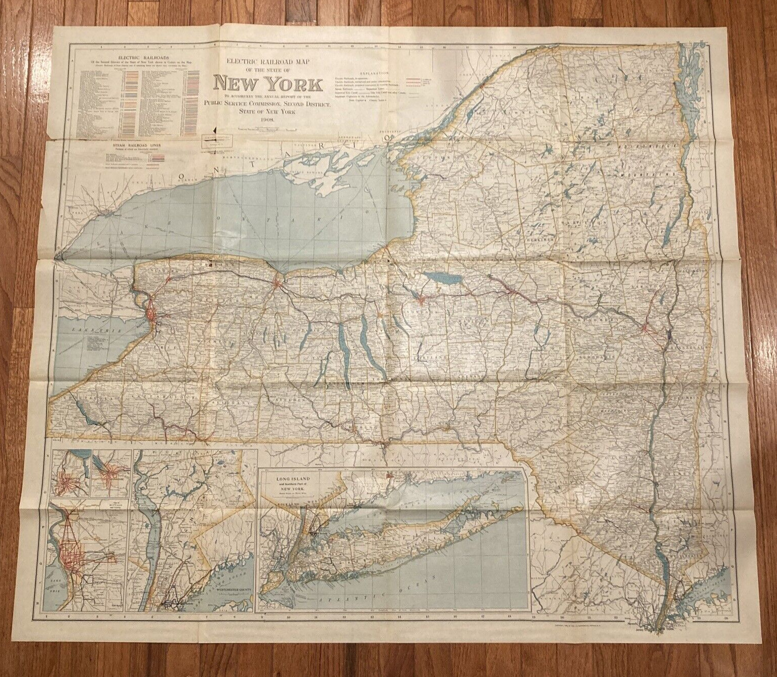Original 1908 State of New York Electric Railroad Map 47.25″ x42″