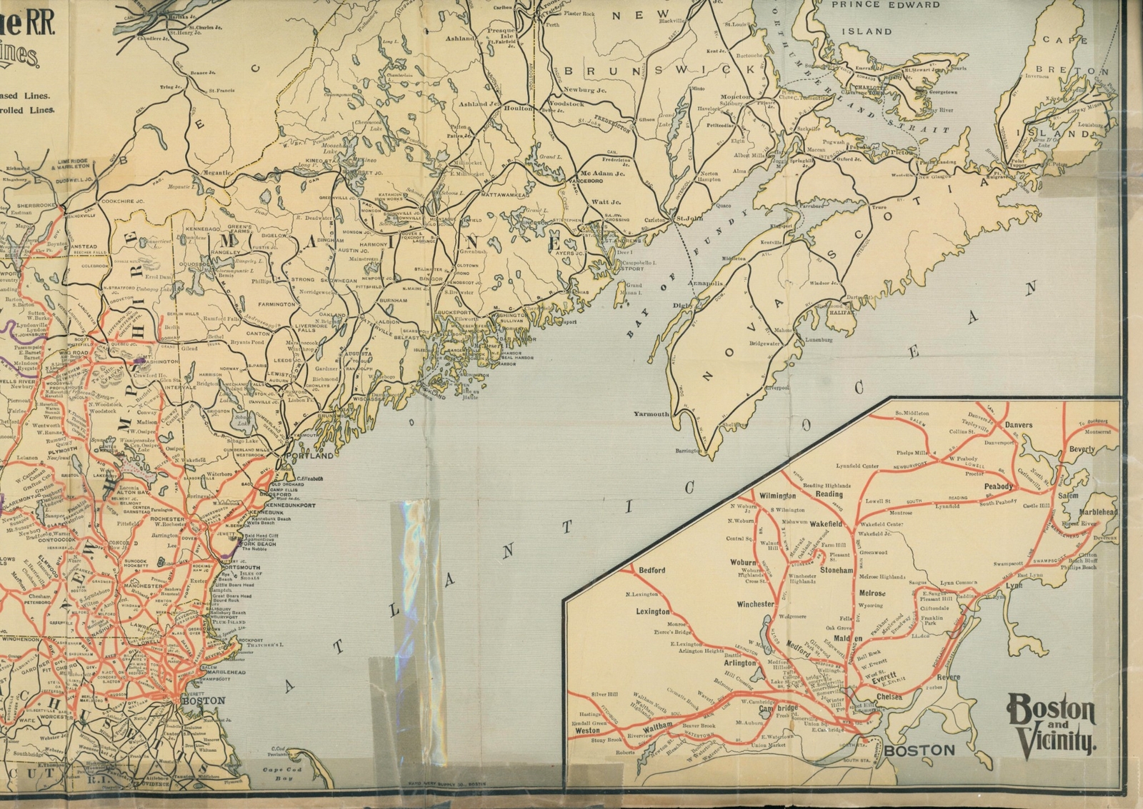 c1930 Boston & Maine Railroad Lines Controlled Leased MA ME Rand Avery Color US