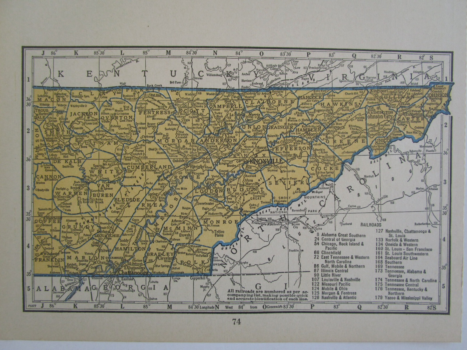 TN SD Vtg 1939 TENNESSEE RAILROAD Map. MORGAN & FENTRESS RR ~or~ SOUTH DAKOTA