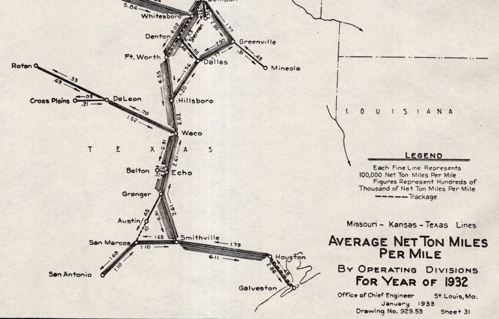 1932 Antique MKT Railroad Map Missouri Kansas Texas Lines Net Tonnage Map 2729