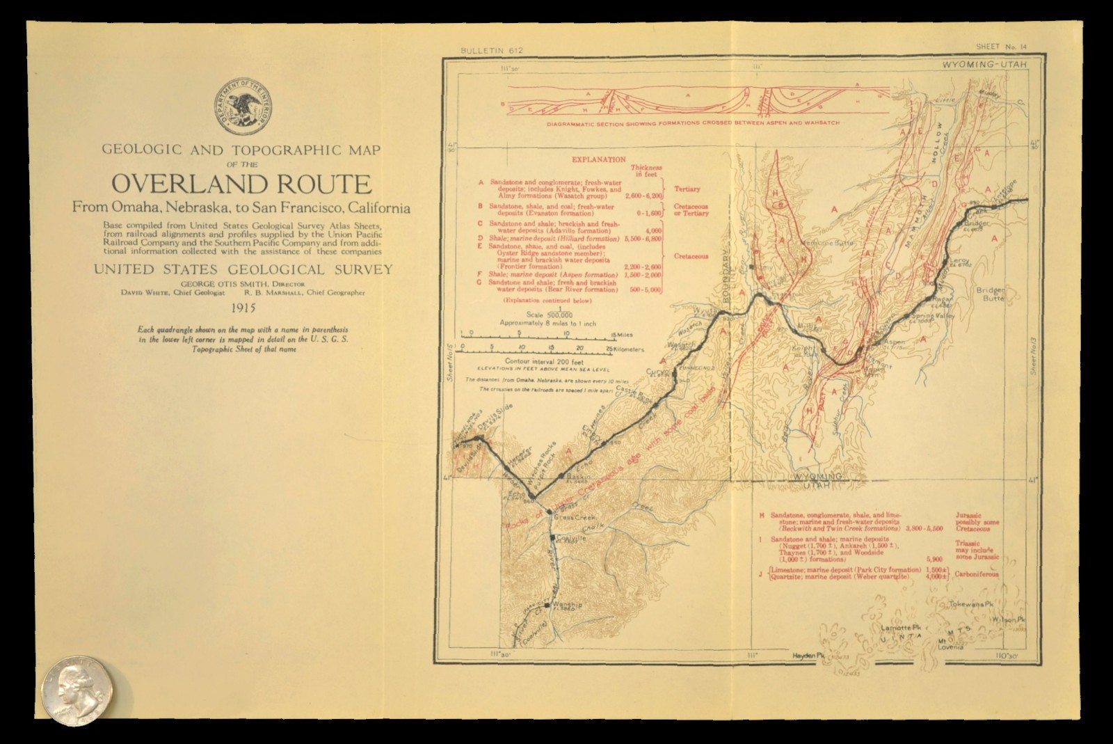 Antique Union Pacific Railroad Map Evanston Wyoming Aspen WY Devils Slide