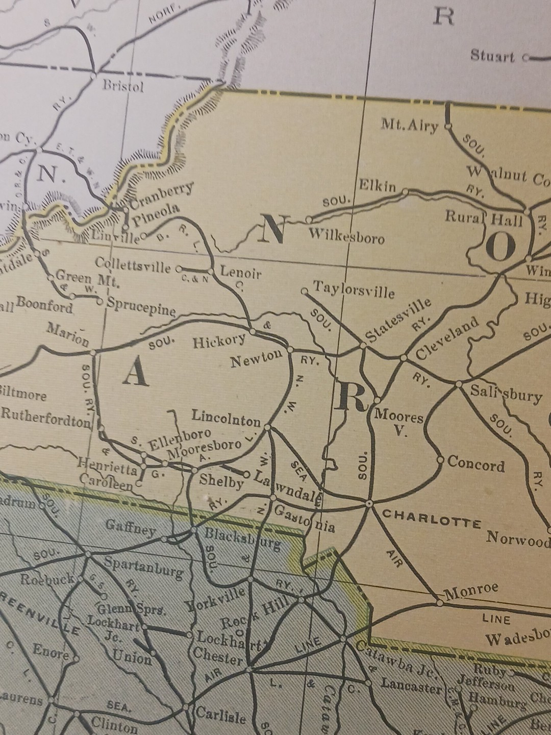 1905 Train Route Map North & South Carolina ALL old Railroad Lines Towns 11×9″