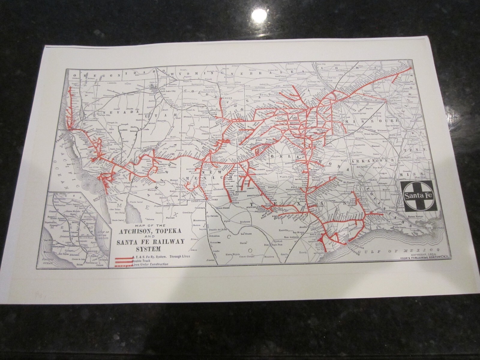 1928 MAP OF TOPEKA AND SANT FE RAILWAY SYSTEM – 17″ X 11″ – HEAVY STOCK PAPER
