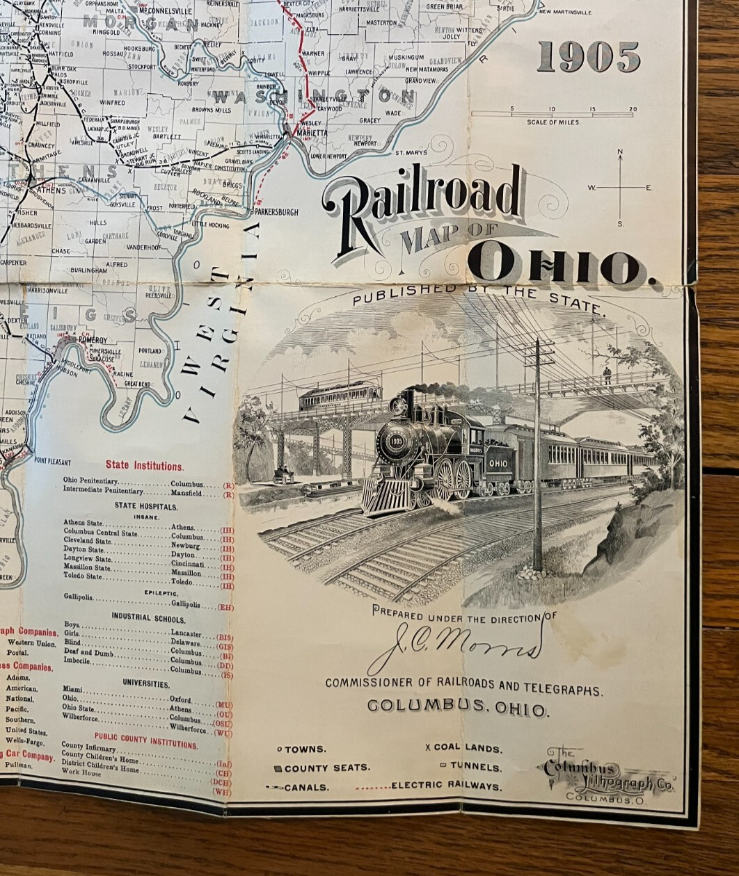 Antique 1905 Railway Railroad Map Of Ohio Linen Back Columbus Lithograph Company