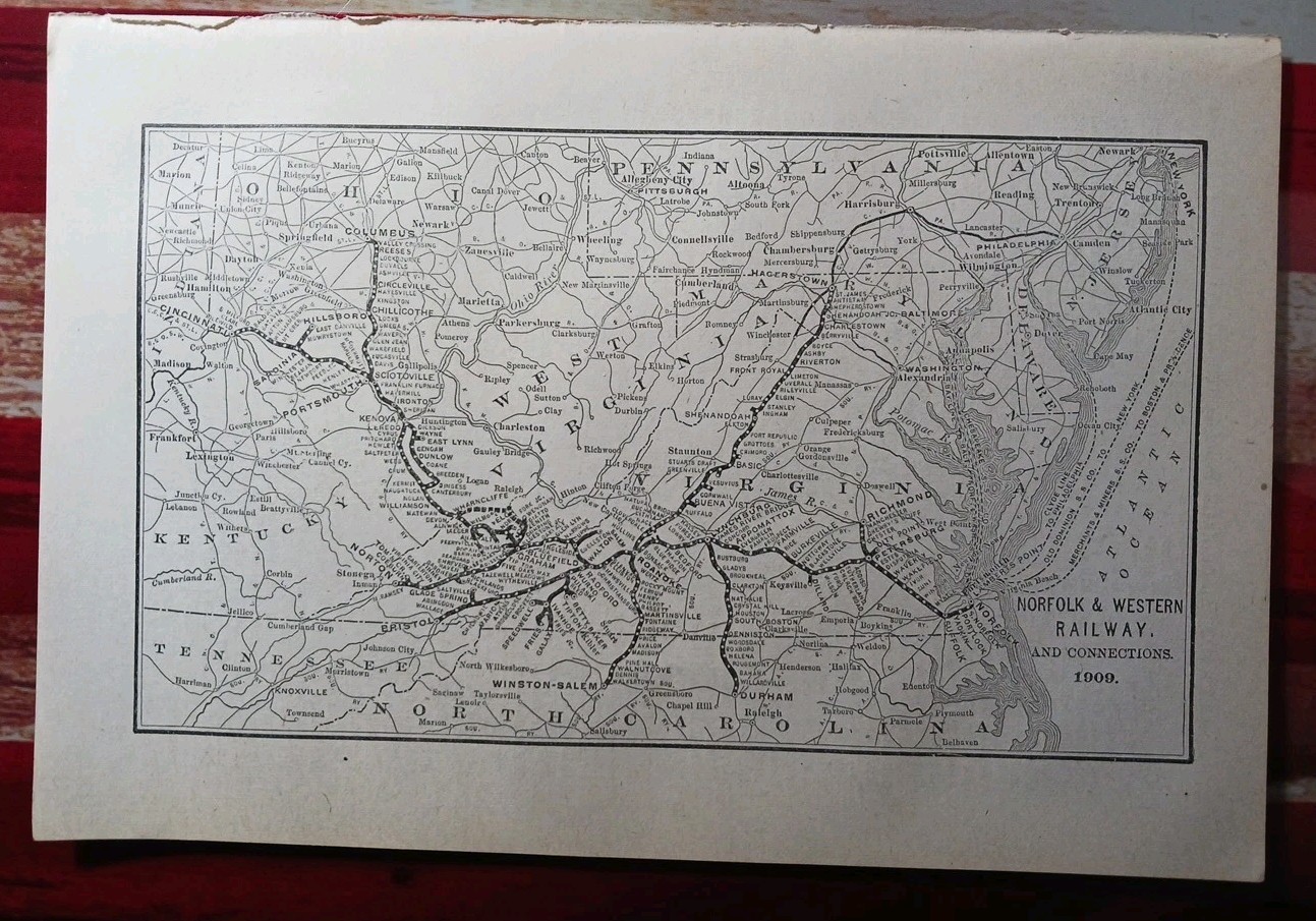 1910 Train Route Map NORFOLK & WESTERN RAILWAY and Connections All Depot Station