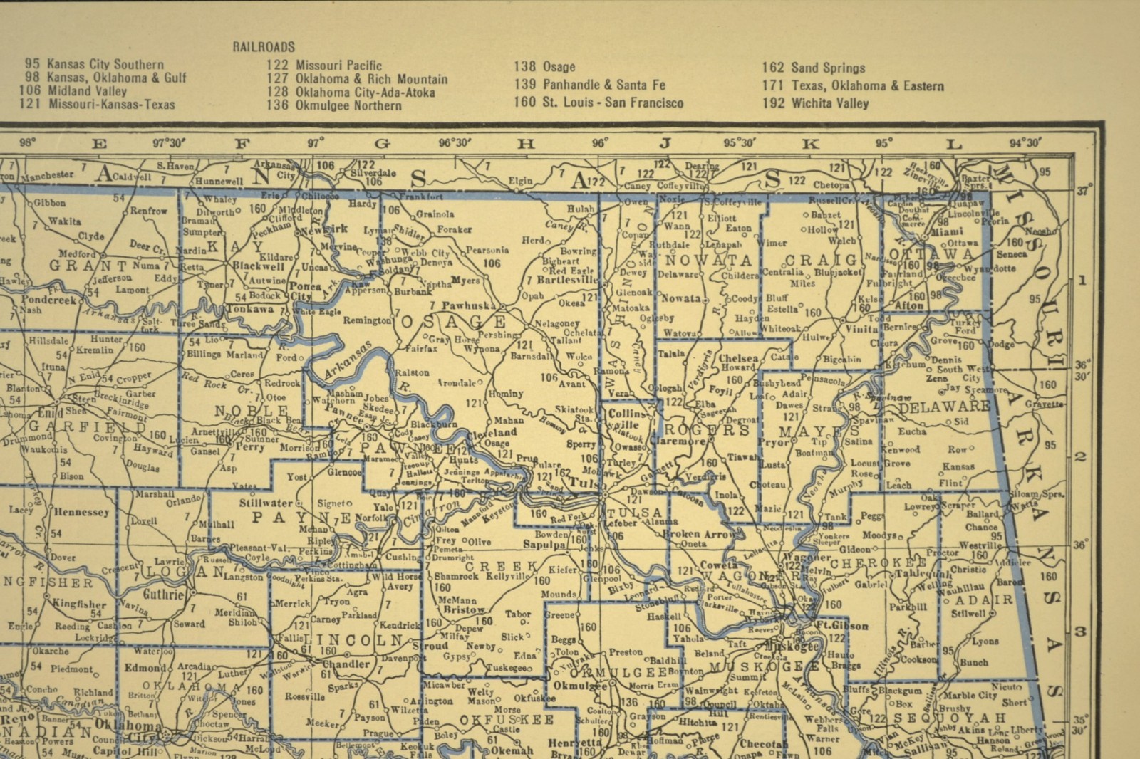 ca 1930 OKLAHOMA Railroad Map Depot Towns CRI&P RR Historic Original Atlas Map
