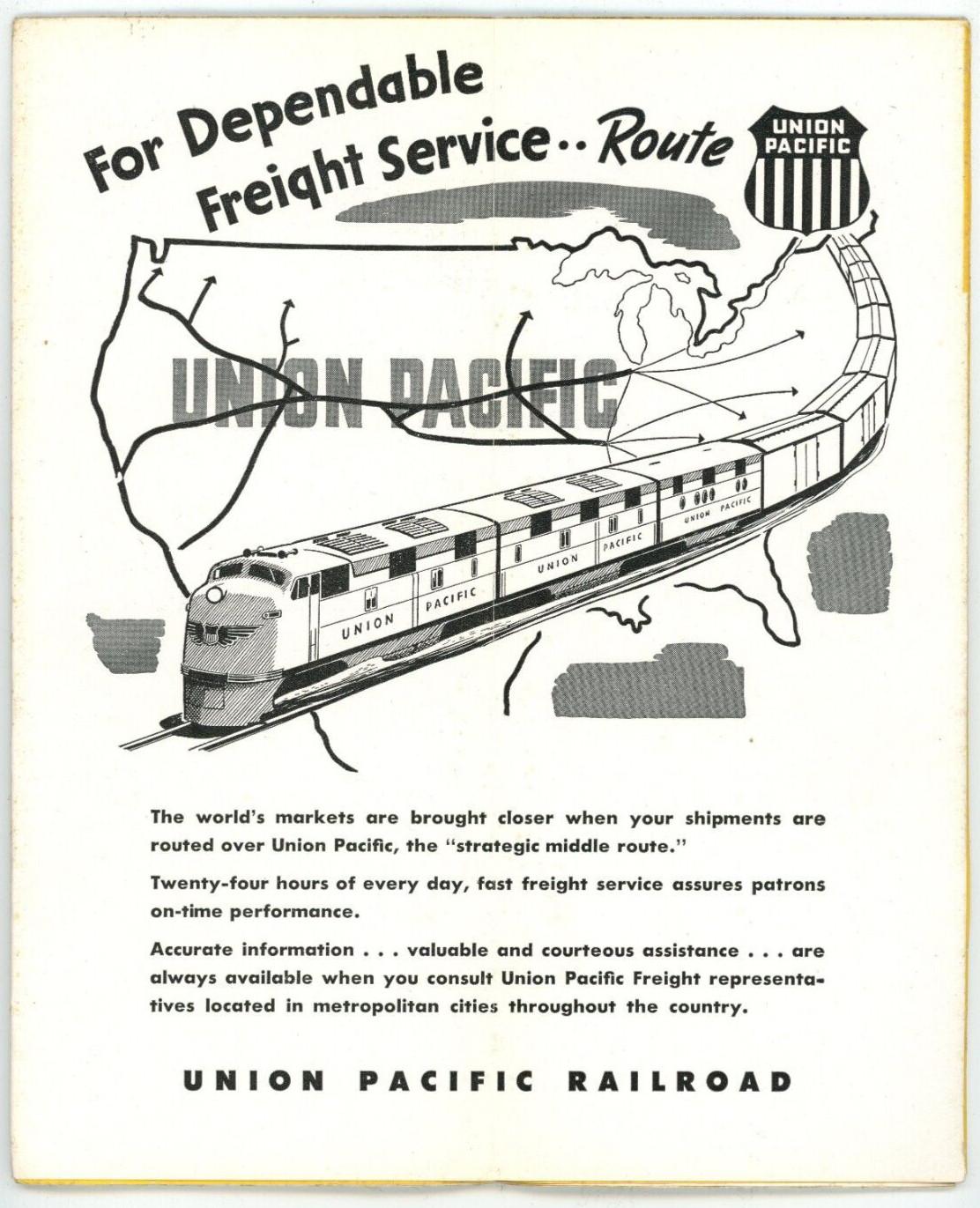 1949 Union Pacific Railroad Freight Rate Territorial Map USA Trains Locomotive