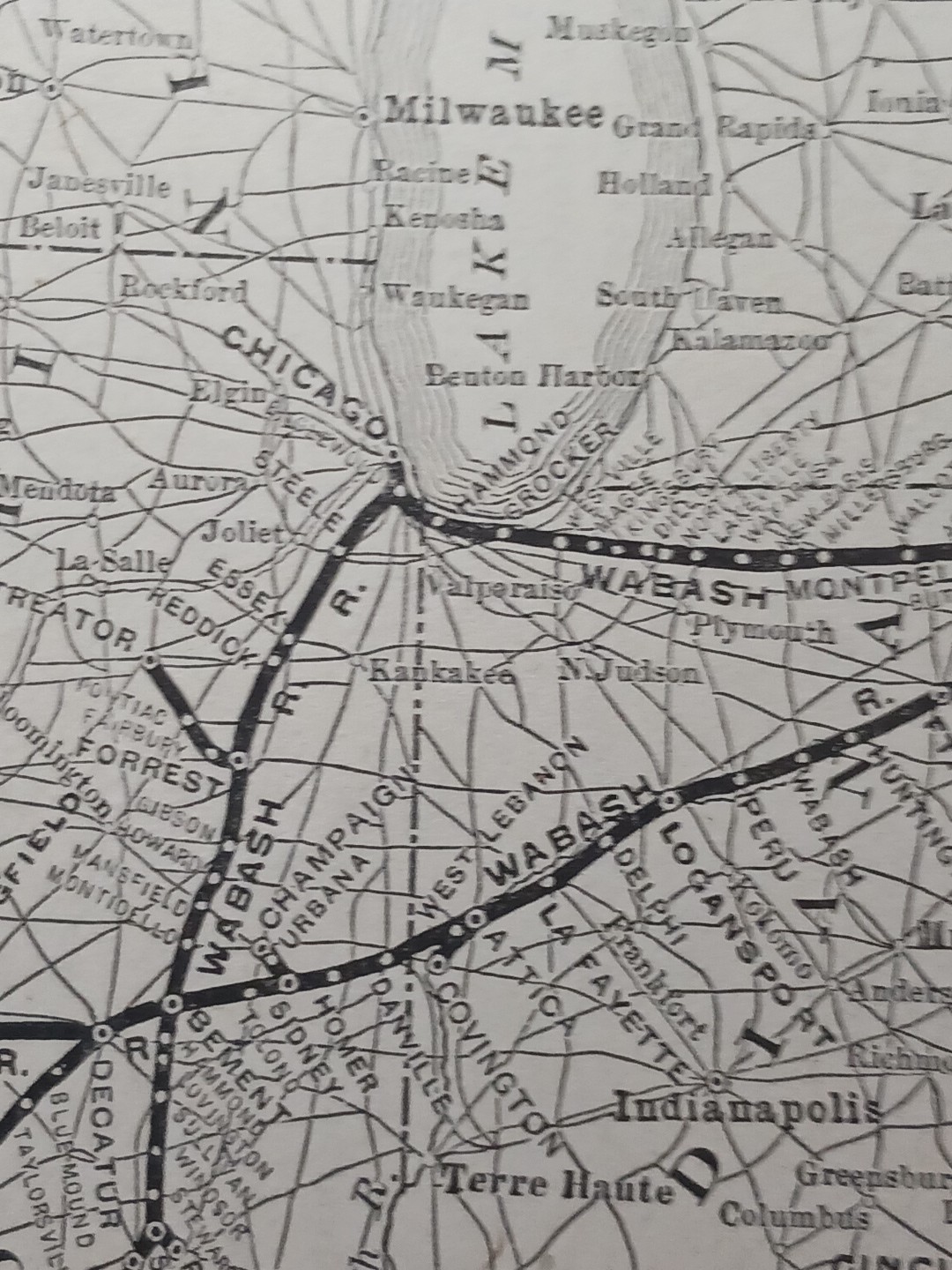 ~1910 Antique Train Map WABASH SYSTEM all Railroad Lines Stations Marked