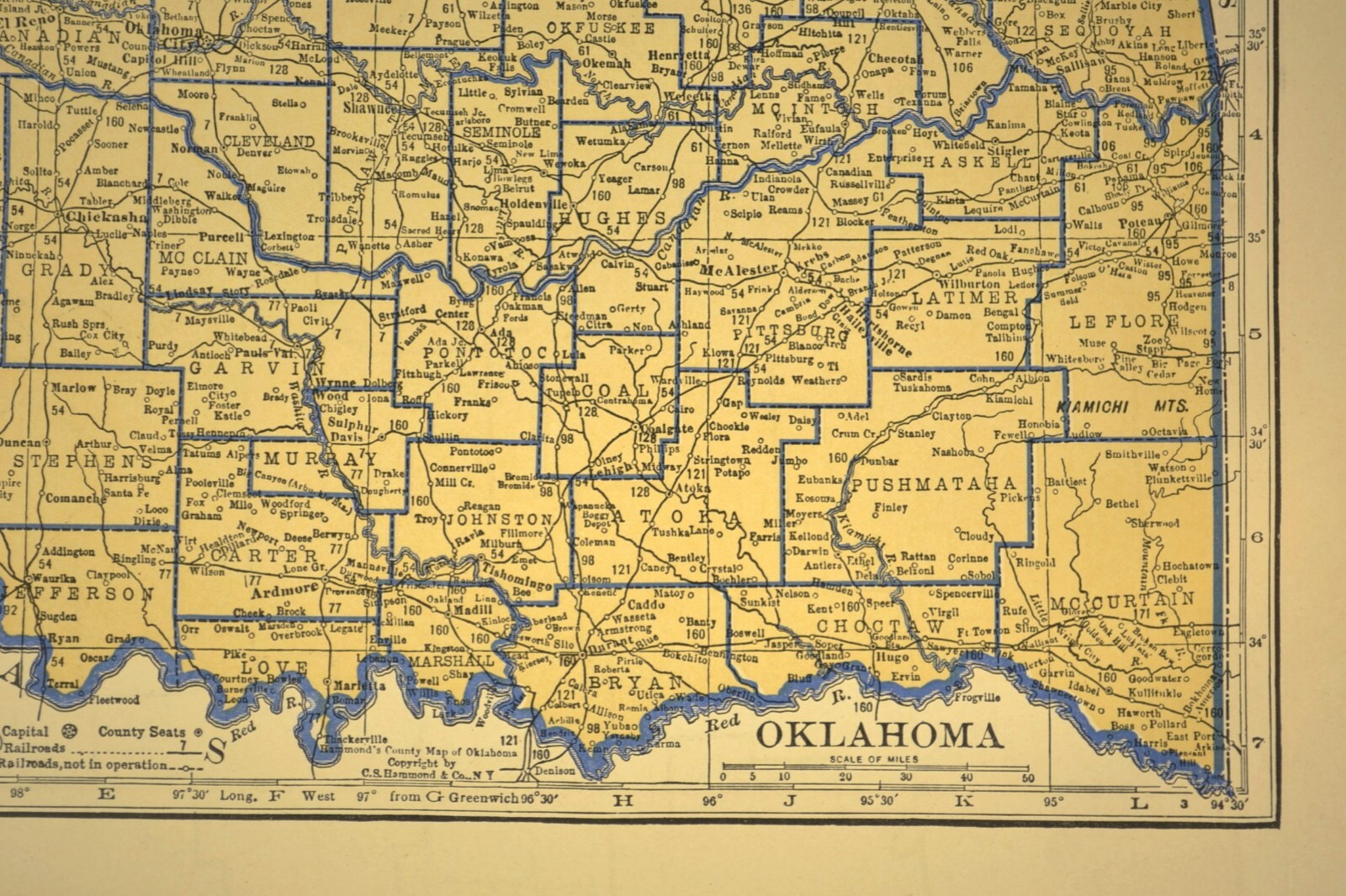 ca1938 OKLAHOMA Railroad Map Depot Towns AT&SF RR Historic Original Atlas Map