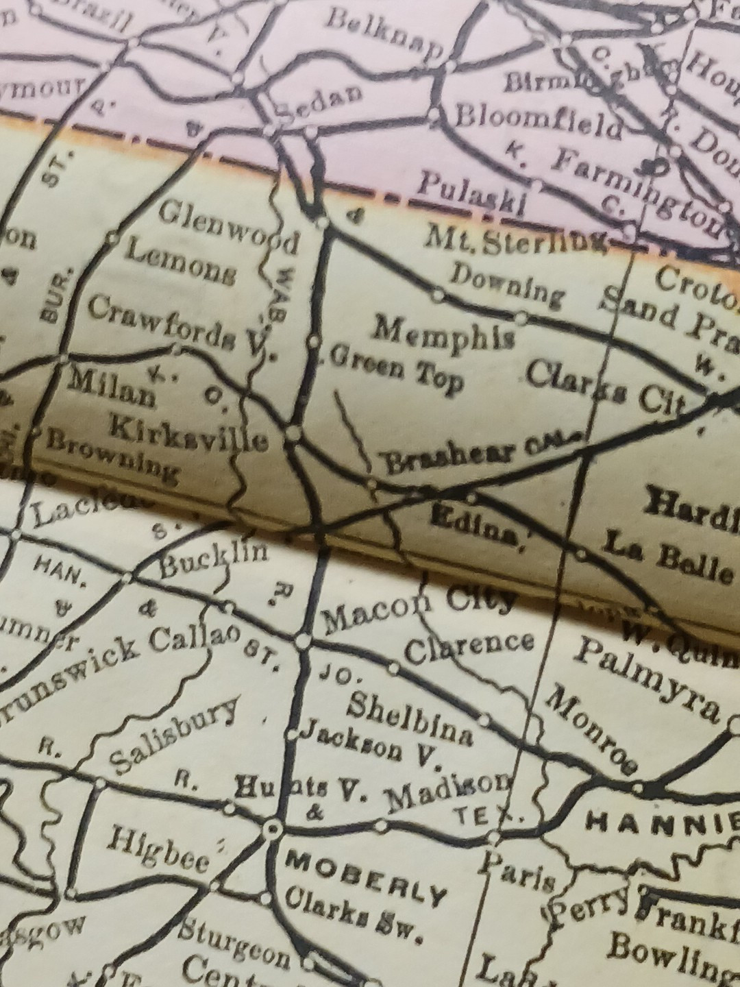 1897 Train Route Map MISSOURI & IOWA all Railroad Lines Station Marked 9″x 11″
