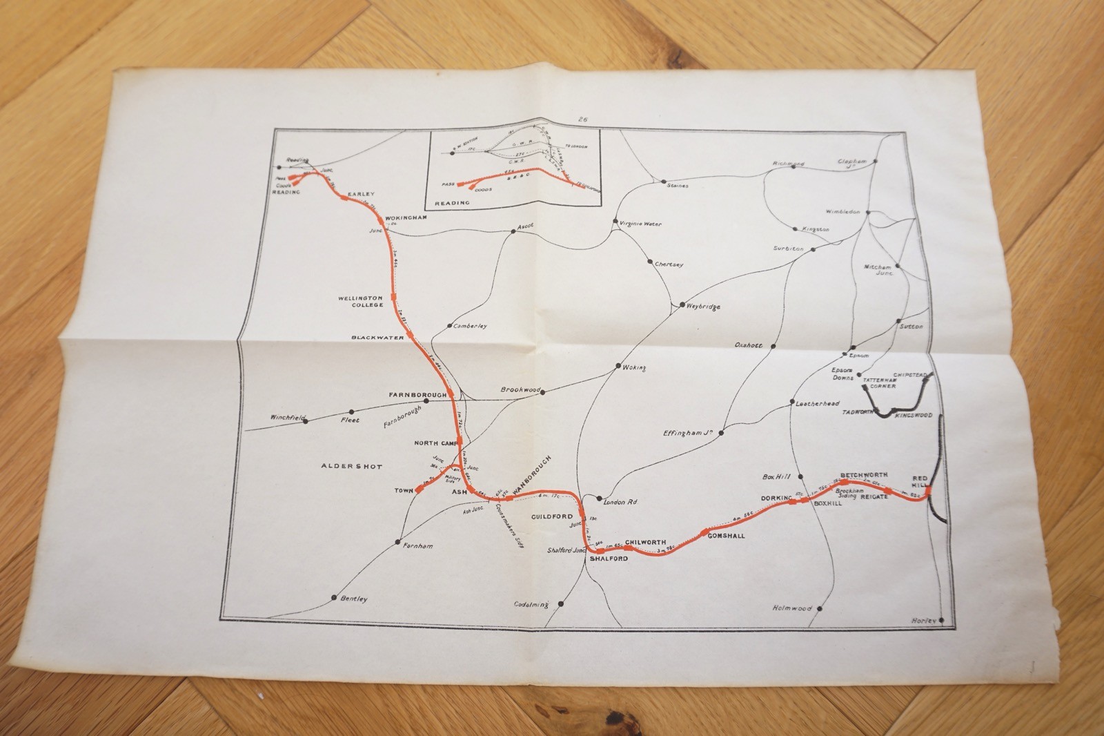 1905 South Eastern & Chatham Railway Map Reading Redhill Farnborough Guilford