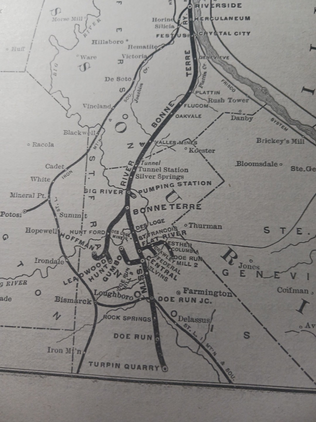 ~1910 Antique Train Map MISSISSIPPI & BONNE TERRE RAILWAY rare Missouri Railroad