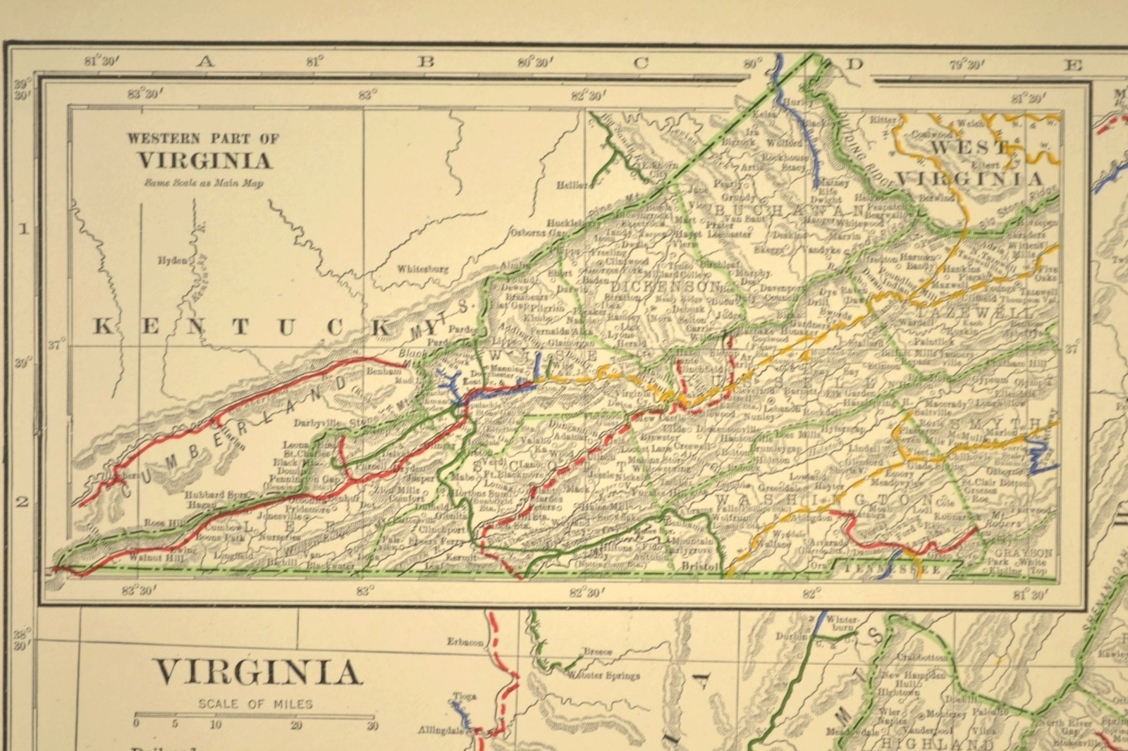 1914 Antique Map of VIRGINIA Railroads Map ORIGINAL Atlas Map VGN Ry DATED