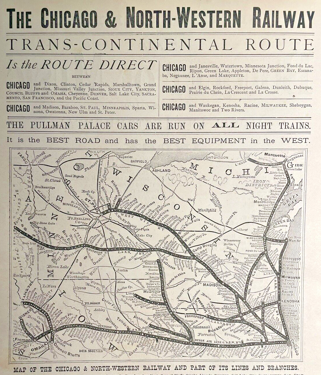 1875 Antique Chicago Northwestern Railway Map North-Western Railroad Map Route