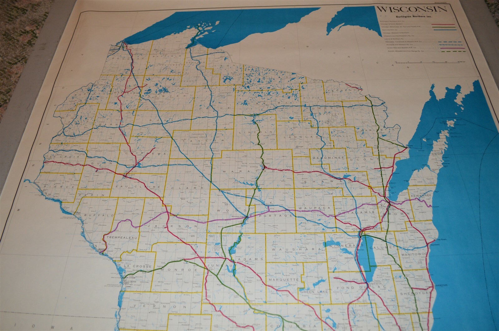 Large 1973 Burlington Northern Railroad Wisconsin Map Poster NO FOLDS