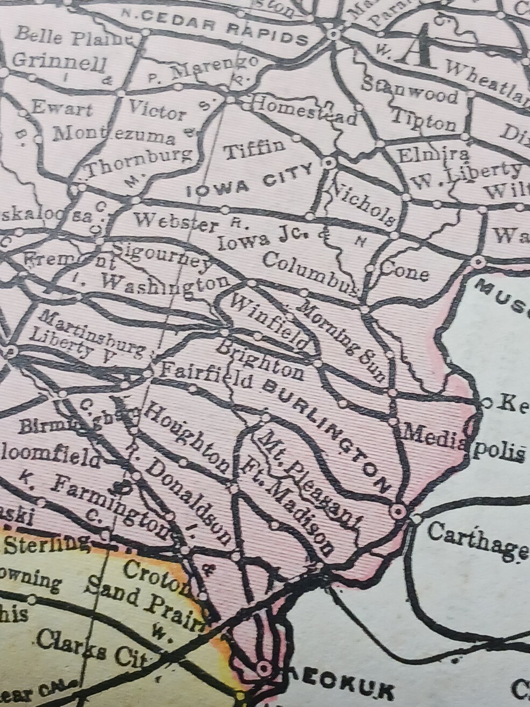 1897 Train Route Map MISSOURI & IOWA all Railroad Lines Station Marked 9″x 11″