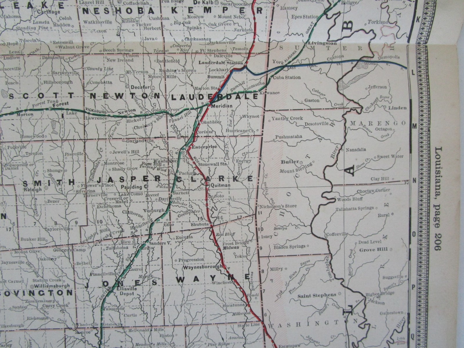 ANTIQUE MS 1891 MISSISSIPPI RAILROAD Map. Cram. NEW ORLEANS NORTHEASTERN RR
