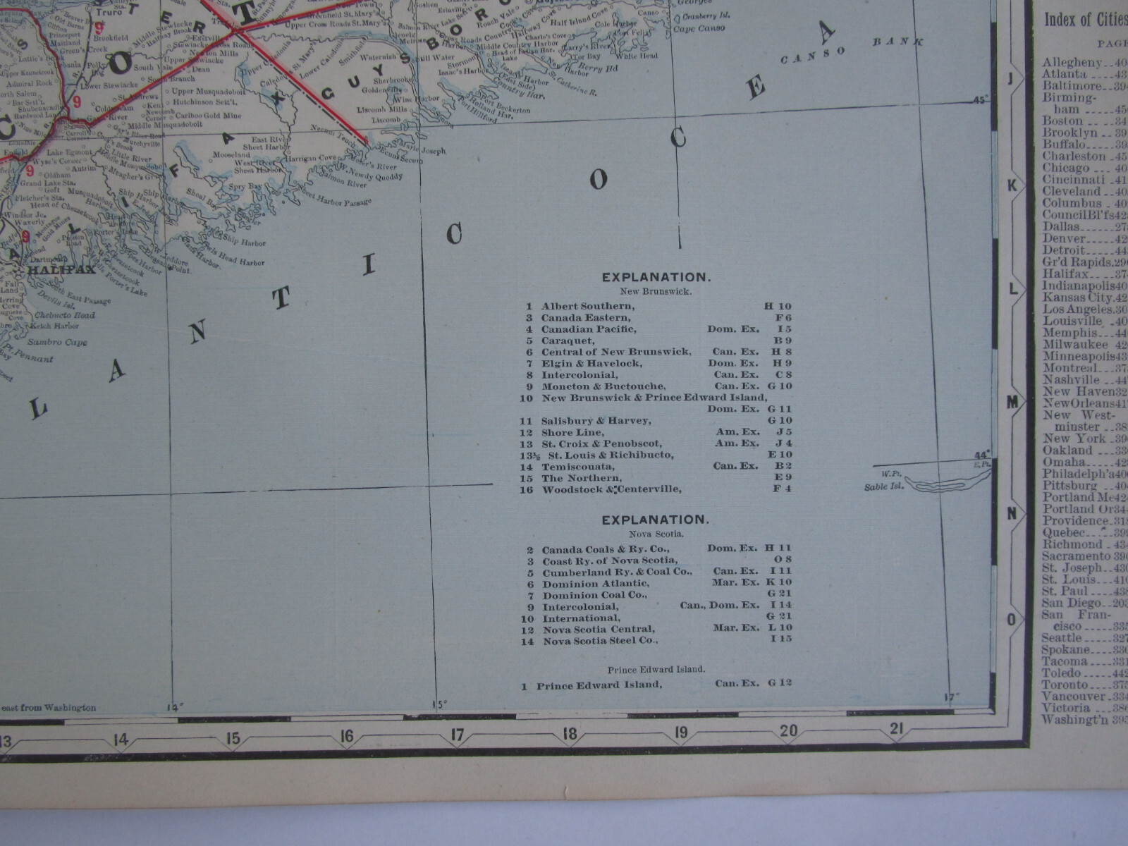 1896 NEW BRUNSWICK & NOVA SCOTIA Map. CANADA Cram RAILROAD. MONETON & BUCTOUCHE