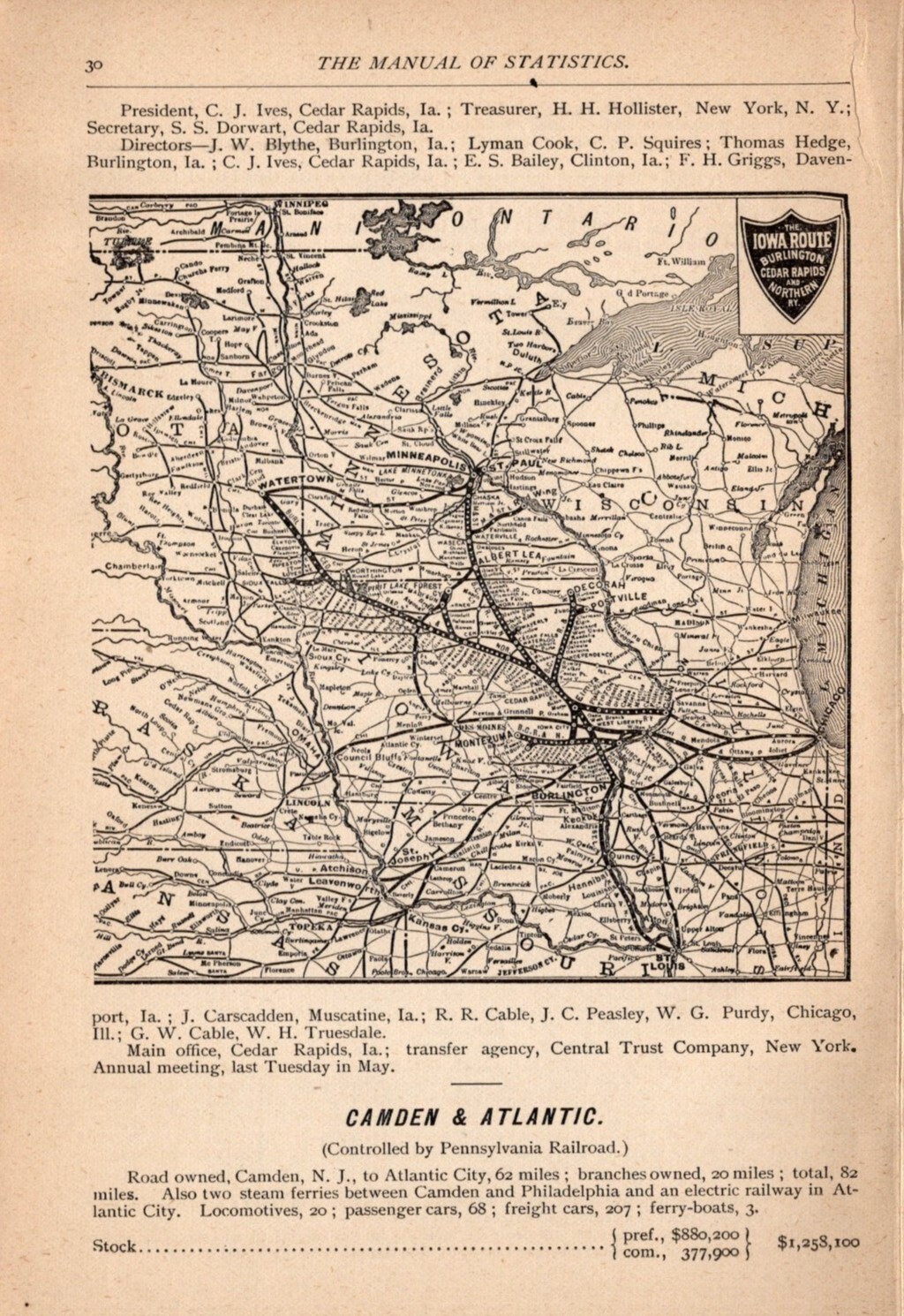 1891 Iowa Route Burlington Cedar Rapids & No. Vintage Railroad Map 1401