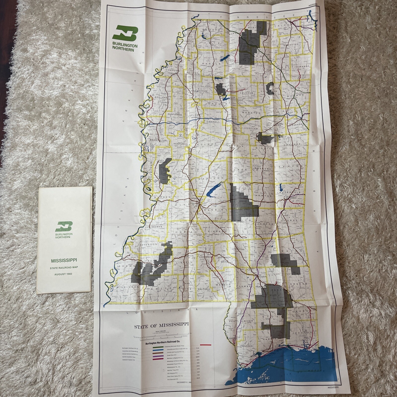 Burlington Northern Railroad 1983 Mississippi State Railroad Map in sleeve PR1