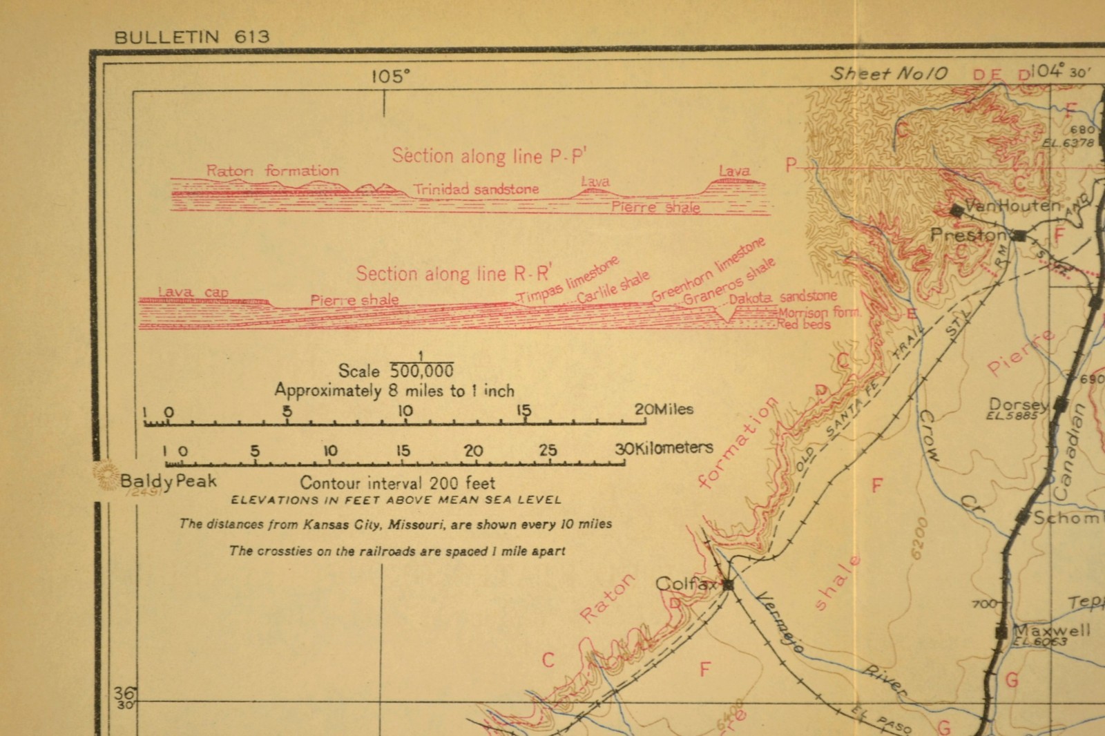 1915 Antique Santa Fe Railroad Map Line Rayado New Mexico Cimarron NM Geological