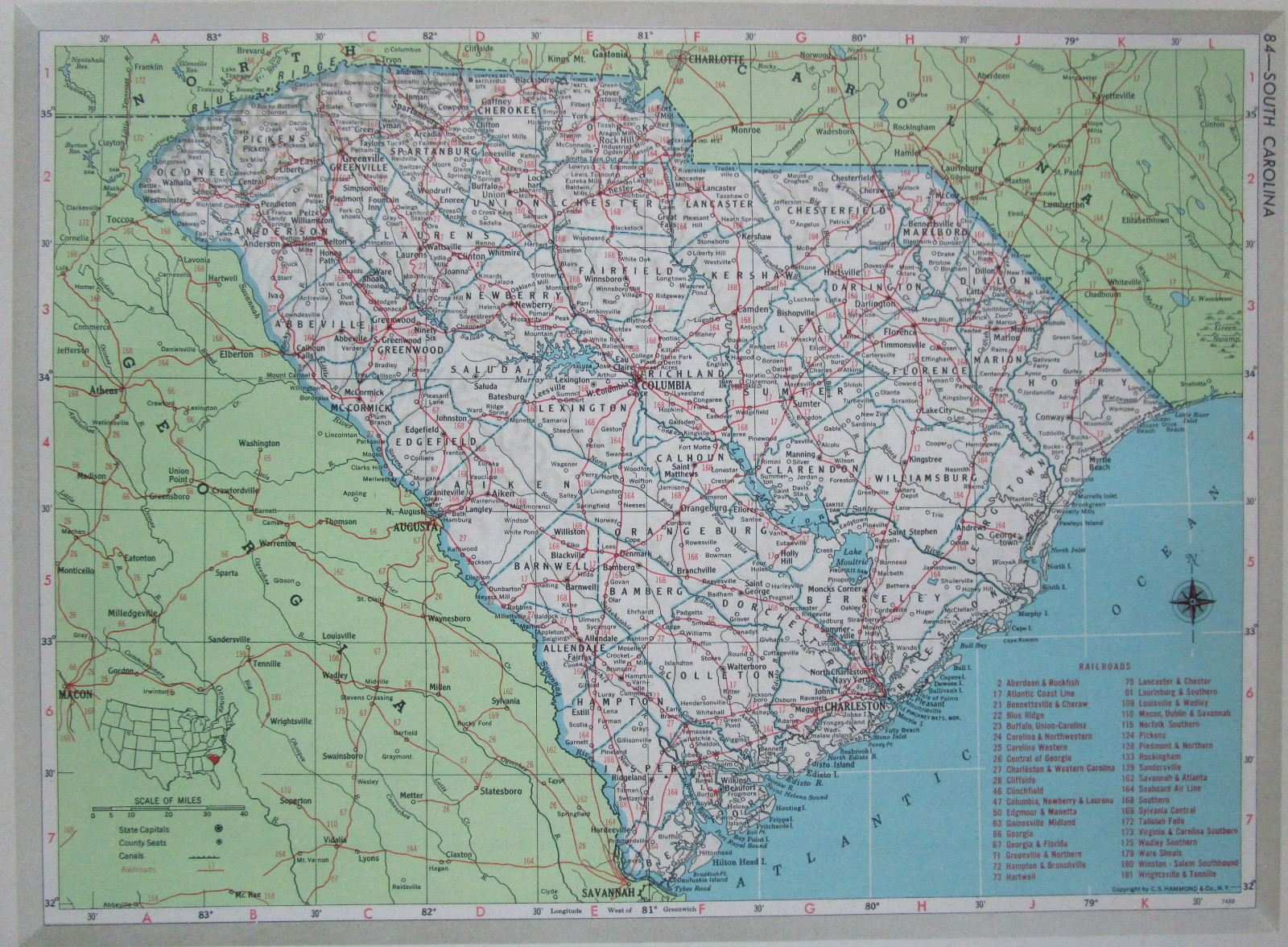 SC PA Vtg 1951 SOUTH CAROLINA RAILROAD MAP. PENNSYLVANIA 1950s Mid Century RR