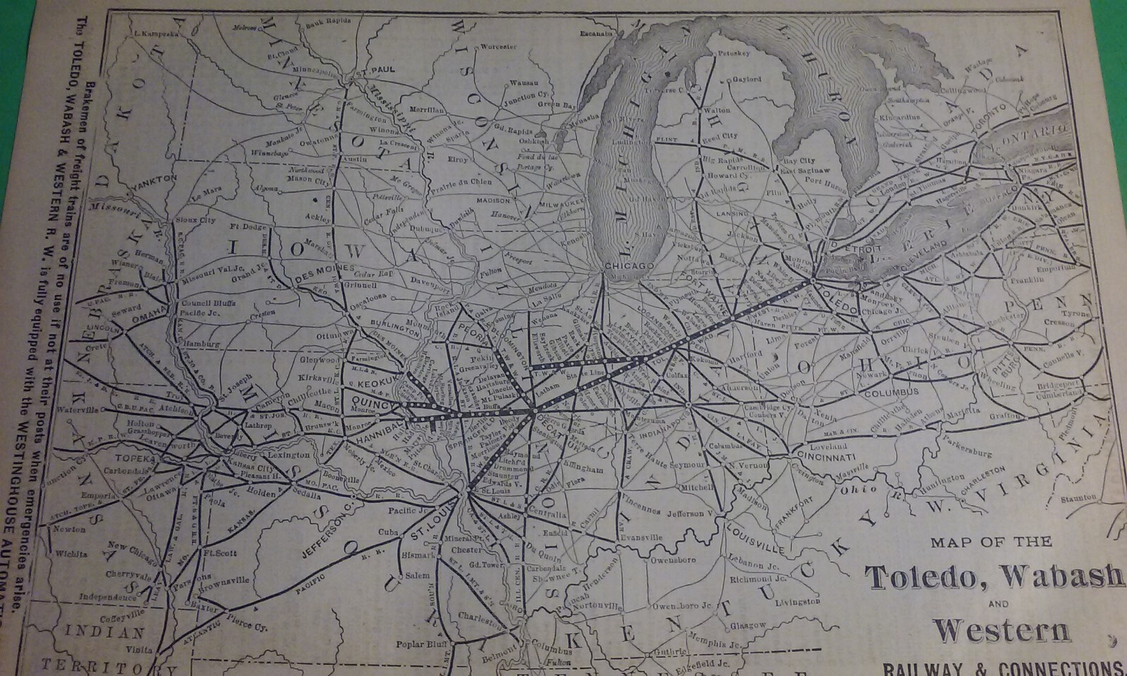 Rare 1876 TOLEDO, WABASH & WESTERN Railway RxR Routes & Connections Print Map