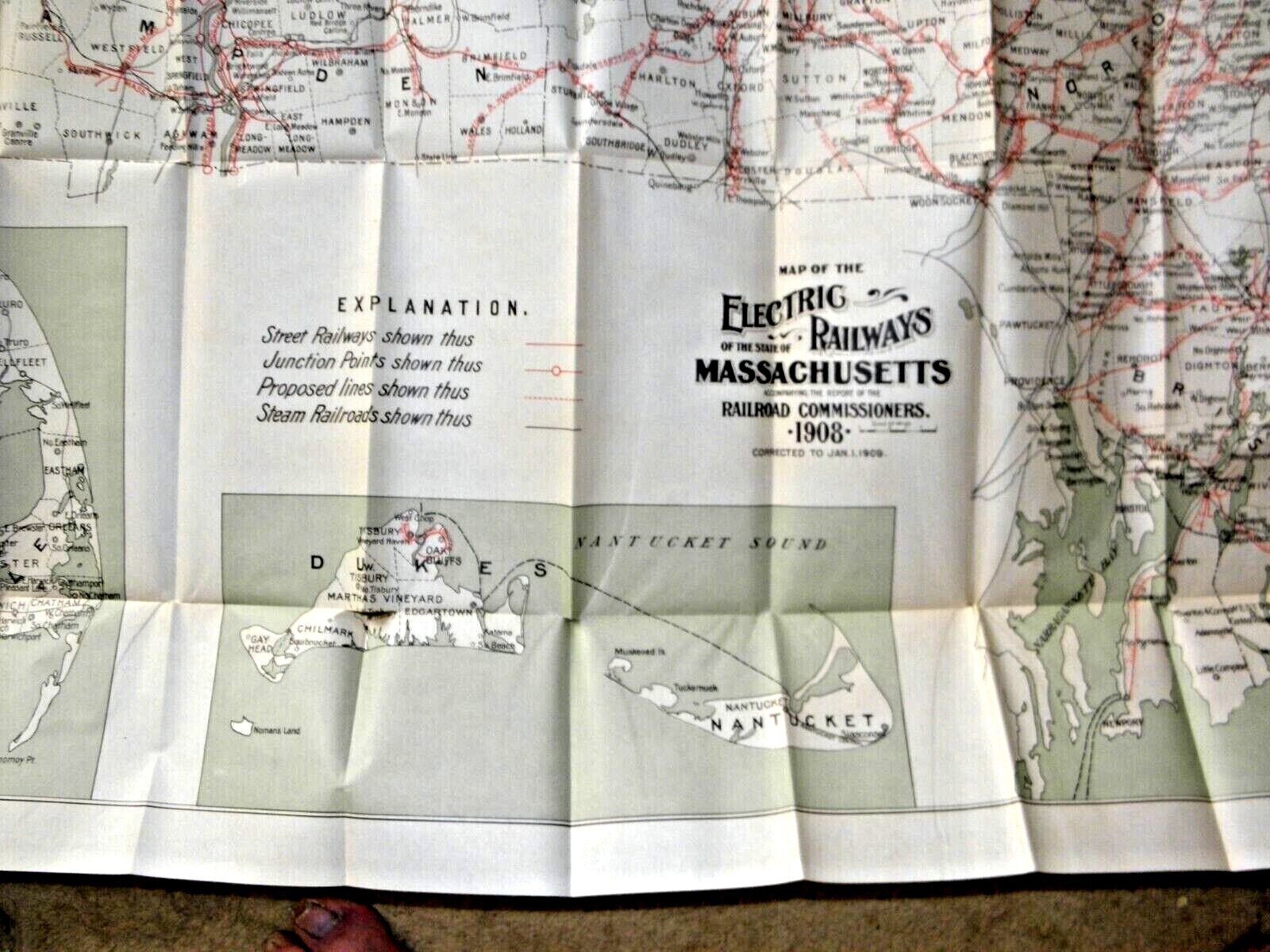 ANTIQUE LARGE MAP OF THE ELECTRIC RAILWAYS STATE OF MASSACHUSETTS RAILROADS 1908