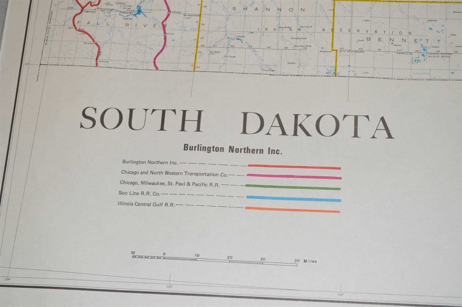 Large 1970’s Burlington Northern Railroad South Dakota Map Poster NO FOLDS